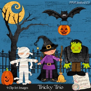 Śliczne clipartów Halloween, cyfrowa mumia, Witch, Frankenstein, nietoperz, dynie na zaproszenia, strony sprzyja, albumy, karty, kartki