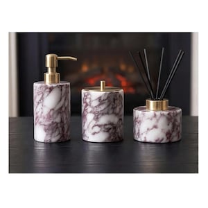 Marble Bathroom Accessories Set – Soap Dispenser, Cotton Swab Jar & Reed Diffuser Holder, Vanity Counter Organizer, Bathroom Organizer Gift
