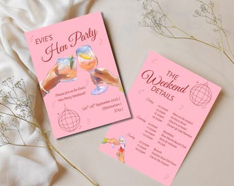Editable Hen Party Invitation & Weekend Itinerary Template | Ibiza Bachelorette Party Digital Download | Canva Template | Cheers Invite