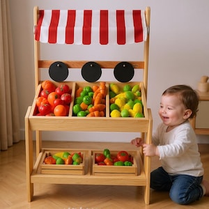 Montessori Wooden Market Stall with Chalkboard | Pretend Play Grocery Store for Kids | Solid Wood, CE Certified | 3-Day Worldwide Shipping