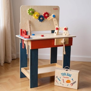 モンテッソーリ 子供用 木製ツールワークベンチ | 31ピース ごっこ遊びツールセット | 無垢材、子供に安全、CE認証 | 3日以内に発送