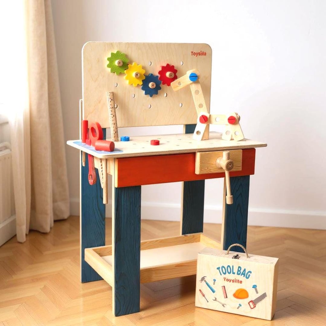 Montessori Wooden Tool Bench for Kids – 31-piece Pretend Play Set ...