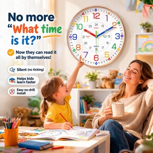 Può includere: Un orologio da parete rotondo con quadrante bianco, numeri colorati e cornice dorata. L'orologio ha lancette rosse, blu e verdi. Una bambina indica l'orologio mentre una donna sorride. Testo: "No more 'What time is it?'"