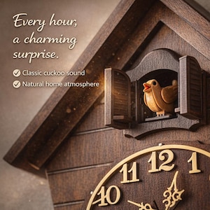 Può includere: Un orologio a cucù in legno con un uccello che esce da una finestra. Il quadrante dell'orologio ha numeri e lancette dorate. Il testo "Every hour, a charming surprise" è in alto, con "Classic cuckoo sound" e "Natural home atmosphere" sotto.