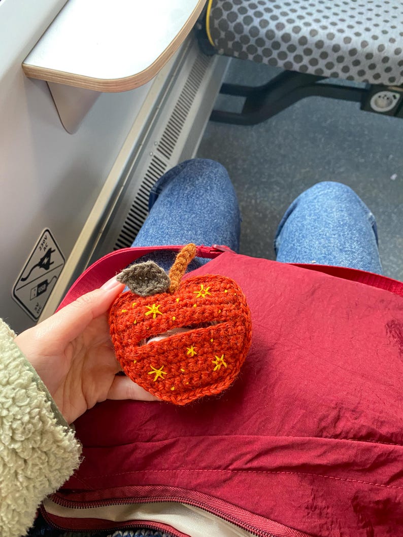 Crochet pouch for wired earphones. Small red apple with yellow embroidered stars, brown stem and dark green leaf on top