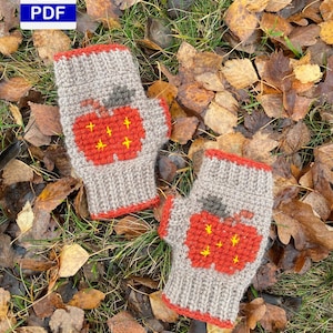Crochet Fingerless Gloves Pattern – Apple Motif and Stars (Sizes S, M, L)