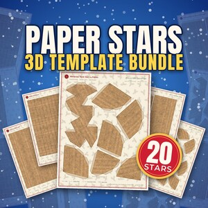 May include: A 3D paper star template bundle featuring multiple sheets with brown textured patterns. The text reads PAPER STARS 3D TEMPLATE BUNDLE and 20 STARS. A ruler graphic shows 1 inch and 2 inches for scale on the main template sheet.