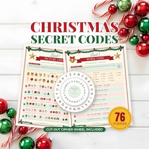 May include: A Christmas Secret Codes activity set featuring two printed puzzle sheets with picture and Morse code challenges, a circular paper cipher wheel, and a yellow badge stating 76 Puzzles, surrounded by red and green ornaments.