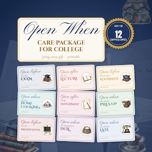 May include: A set of 12 printable envelopes for a college care package. The main label reads Open When Care Package For College. Each envelope features specific text like Open before your first exam, Open after your first lecture, and Open when you miss home cooking, accompanied by small illustrations of items like a graduation cap, a book, a food cloche, and a telephone.