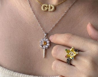 Kpop Daisy Lightstick Necklace|BBNAG Crown Ring|Custom Kpop Bias Letter Necklace| GD Inspired Jewelry|VIP Fan Gift