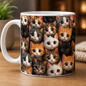 Mokomslag Kitten Big-Eyed: naadloos patroon voor mokken van 11 oz en 15 oz
