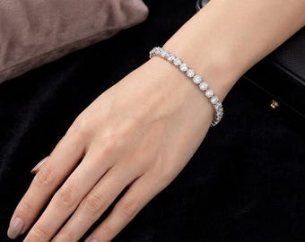 Round Cut Diamond Tennis Bracelet | 14K White Gold Lab Grown Diamond Bracelet | Bridal Wedding Jewelry | Anniversary Gift for Her
