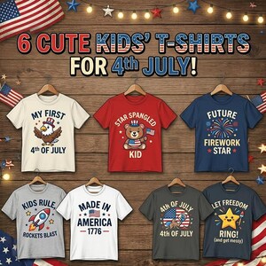 Puede incluir: Seis camisetas de manga corta para niños expuestas en perchas de madera. Las camisetas presentan varios gráficos y textos patrióticos, incluyendo My First 4th of July, Star Spangled Kid, Future Firework Star, Kids Rule, Made in America 1776 y Let Freedom Ring.