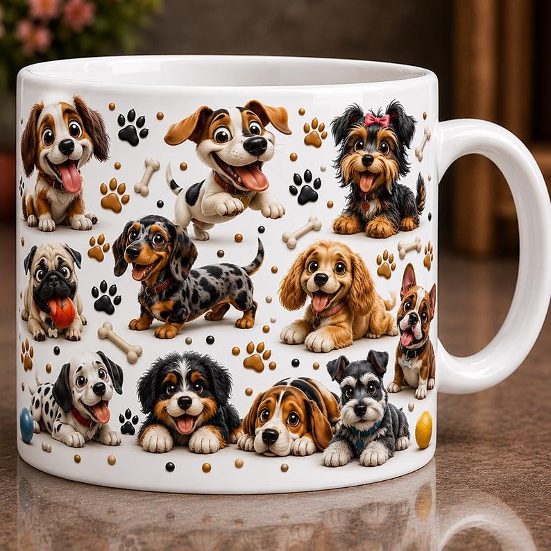 Puede incluir: Una taza de cer&aacute;mica blanca con un patr&oacute;n repetitivo de varias razas de cachorros estilo caricatura, incluyendo un perro salchicha, un pug y un schnauzer, intercalados con peque&ntilde;as huellas de patas y formas de huesos blancos.