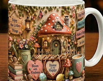 Diseño PNG de taza con diseño de casa de hadas, diseño de sublimación, estilo cottagecore, taza de 443 ml (15 oz), descarga digital.