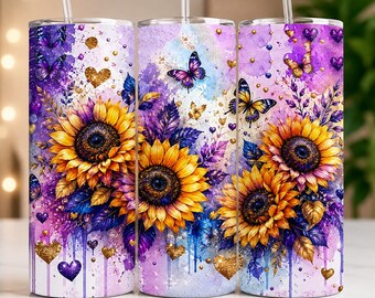 Sunflower Butterfly Tumbler Wrap, 20oz Skinny Sublimation Design, Watercolor Floral Tumbler, Purple and Gold Hearts PNG
