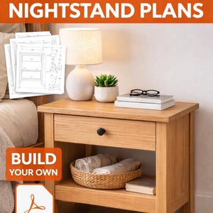 May include: A wooden nightstand with a drawer and lower shelf, holding a woven basket with rolled towels and a book. A lamp, plant, and glasses sit on top. The image includes the text "DIY WOODEN NIGHTSTAND PLANS" and "BUILD YOUR OWN PDF".