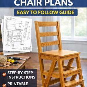 May include: A wooden folding chair with a step-stool design. The chair is made of light-colored wood and has a slatted back. The image includes the text "DIY Folding Chair Plans" and "Easy to Follow Guide". Also included are "Step-by-step instructions" and "Printable PDF Plans".