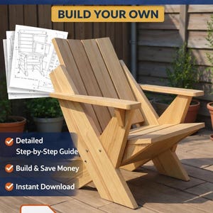 Puede incluir: Una silla Adirondack de madera clara, con un diagrama detallado y el texto "DIY Adirondack Chair Plans". La imagen también incluye el texto "Build Your Own", "Detailed Step-by-Step Guide", "Build & Save Money" e "Instant Download".