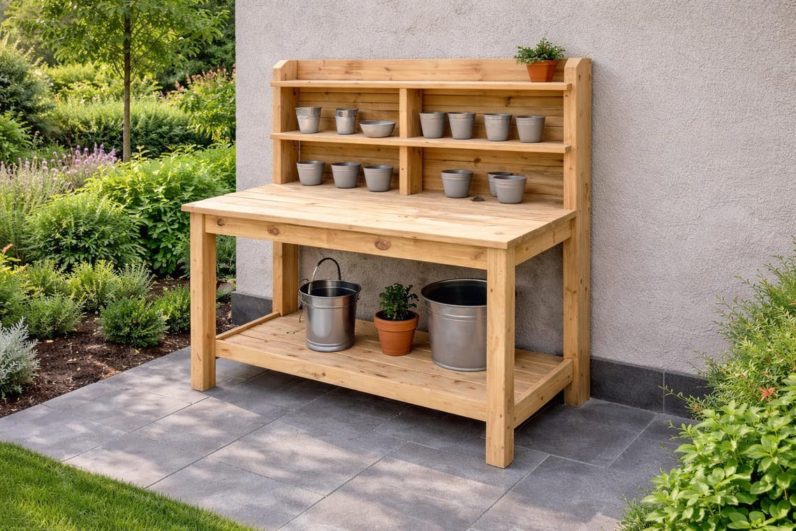 DIY Outdoor Potting Bench Plans PDF | Garden Work Table With Shelves - Etsy