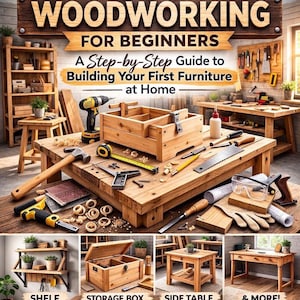 Puede incluir: Una guía de carpintería para principiantes titulada "DIY Woodworking for Beginners". La imagen muestra herramientas y proyectos, incluyendo una estantería, una caja de almacenamiento y una mesa auxiliar. El texto dice "Complete Step-by-Step Projects".