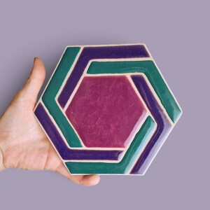 Może przedstawiać: Sześciokątny ceramiczny podkładka pod kubek z geometrycznym wzorem. Podkładka ma centralny magentowy sześciokąt, otoczony przeplatającymi się kształtami w kolorze turkusowym i fioletowym, obrysowanymi na biało. Na lawendowym tle.