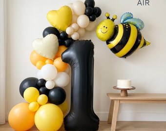 Bumble Bee Birthday Balloon Set | Honey Number Garland Kit, Yellow Black First Party Decor