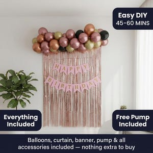 Guirlande de ballons moka or rose | Rideau et bannière pour toile de fond d'anniversaire | Pompe gratuite | Ensemble de fête complet