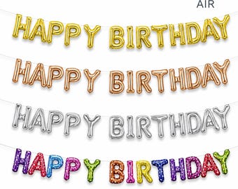 Globo con pancarta de Feliz Cumpleaños, letras de aluminio de 16" / Decoraciones para fiestas en oro rosa, plata y arcoíris