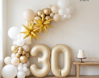 30th Birthday Balloon Set | Cream Gold Number Garland Kit, 40th 50th Milestone Party Decor