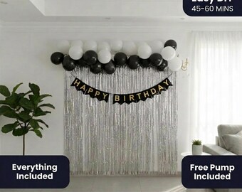 Kit de guirlande de ballons monochromes | Toile de fond d'anniversaire noir et blanc | Rideau et banderole argentés inclus | Pompe gratuite