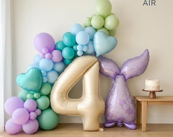 Kit de ballons d'anniversaire sirène | Guirlande de chiffres sur le thème sous-marin, décoration violette et turquoise