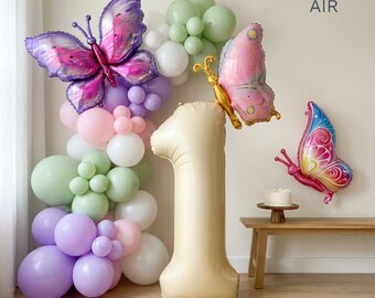 Ensemble de ballons papillon pour anniversaire | Kit de guirlande de chiffres, décoration de fête d'anniversaire sur le thème du jardin rose et violet