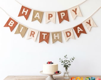 Guirnalda de feliz cumpleaños, banderín de tela estilo boho, recuerdo de decoración de fiesta personalizado