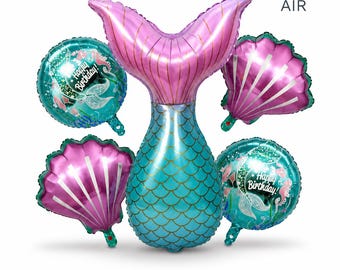 Globos de Feliz Cumpleaños con Concha y Cola de Sirena, Kit de Fiesta Bajo el Mar, Juego de 5 piezas