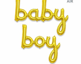 Globo con pancarta de niño, letras doradas en papel de aluminio / decoraciones para revelación de género en baby shower