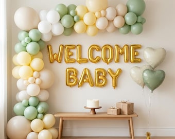 Baby Shower Balloon Set | Welcome Letter Garland Kit, Gender Neutral Green Yellow Decor