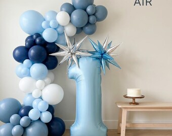 First Birthday Balloon Set | Blue Silver Number Star Garland Kit, Boy Cake Smash Decor