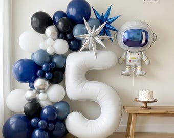 Space Birthday Balloon Set | Astronaut Number Garland Kit, Galaxy Navy Silver Boy Decor