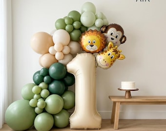 Jungle Safari Birthday Balloon Set | Animal Number Garland Kit, Wild One Party Decor