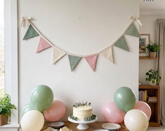 Guirnalda de banderines de tela de algodón, estilo bohemio, ideal para la decoración de fiestas de cumpleaños infantiles.
