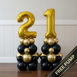 Personalized Black & Gold Number Balloon Tower, Birthday Anniversary Decor, Free Hand Pump