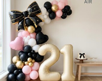 Black Bow Birthday Balloon Set | Coquette Number Garland Kit, Pink Gold 21st 30th Decor