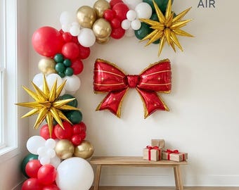 Christmas Balloon Set | Giant Red Bow Garland Kit, Gold White Holiday Party Decor