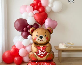 Valentines Day Balloon Set | Love Teddy Bear Garland Kit, Red Pink Heart Romantic Decor