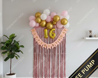 Décoration d'anniversaire rose poudré, guirlande de ballons roses, ballons chiffres, rideau de toile de fond (pompe gratuite)
