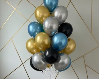 Ballons en latex bleus, dorés, argentés et noirs métalliques - Décoration de fête, Centre de table d'anniversaire