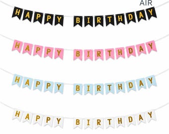 Guirnalda de banderines de feliz cumpleaños, banderines de lámina dorada / Guirnalda de fiesta en negro, rosa, azul y blanco