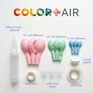 ColorPlusAir DIY balloon garland kit contents showing 18 inch, 10 inch and 5 inch balloons in pink mint and blue, hand balloon pump, glue dots, wall stick hooks, arch strip, and curling ribbon. Everything included to build a professional balloon arch or garland at home. DIY balloon decoration kit for birthdays baby showers weddings and parties.
