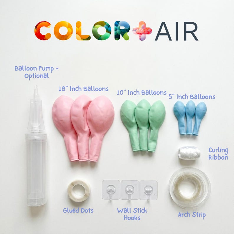 ColorPlusAir DIY balloon garland kit contents showing 18 inch, 10 inch and 5 inch balloons in pink mint and blue, hand balloon pump, glue dots, wall stick hooks, arch strip, and curling ribbon. Everything included to build a professional balloon arch or garland at home. DIY balloon decoration kit for birthdays baby showers weddings and parties.